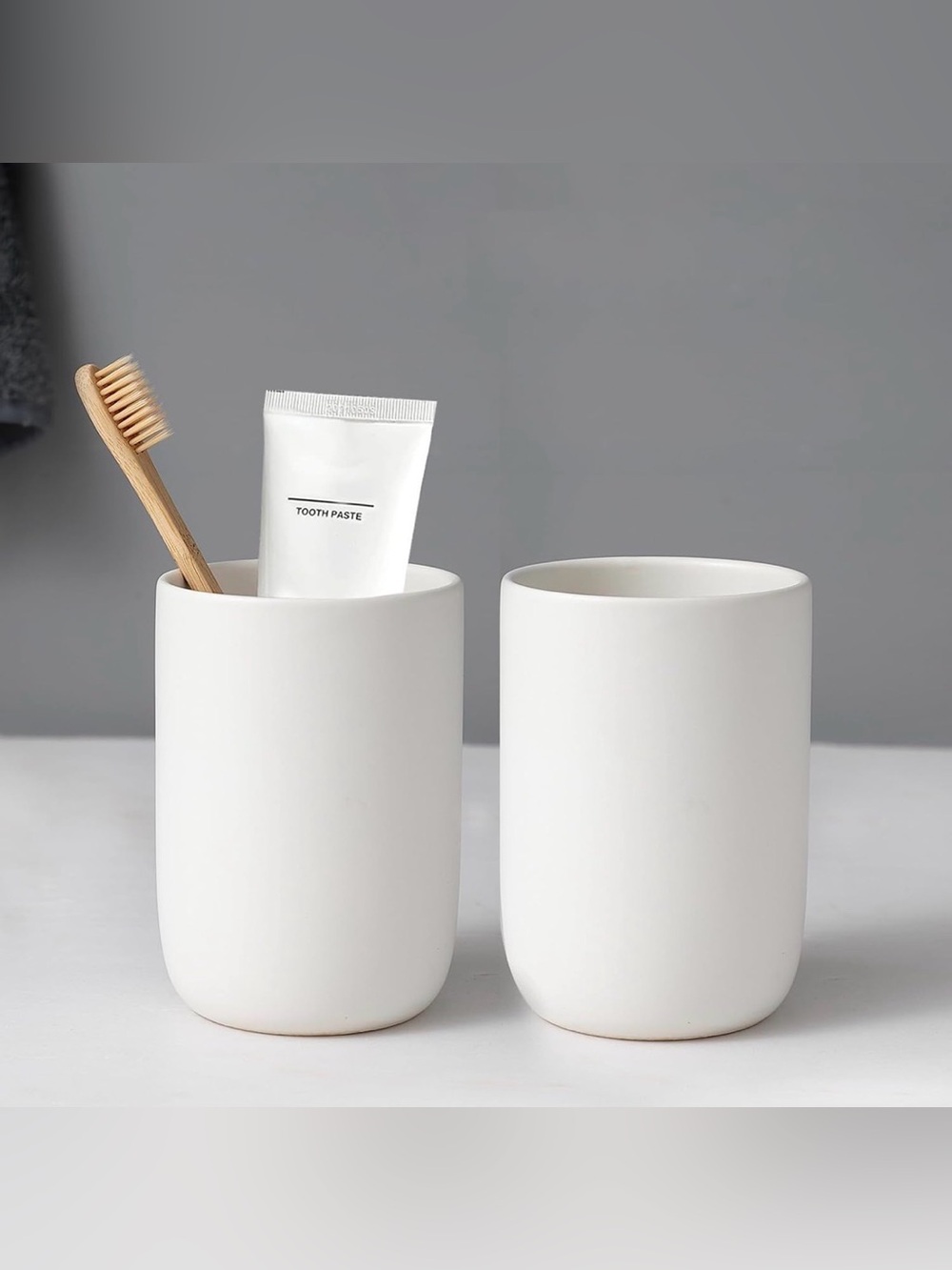 White Ceramic Toothbrush Holder Cups – 2 Piece Set